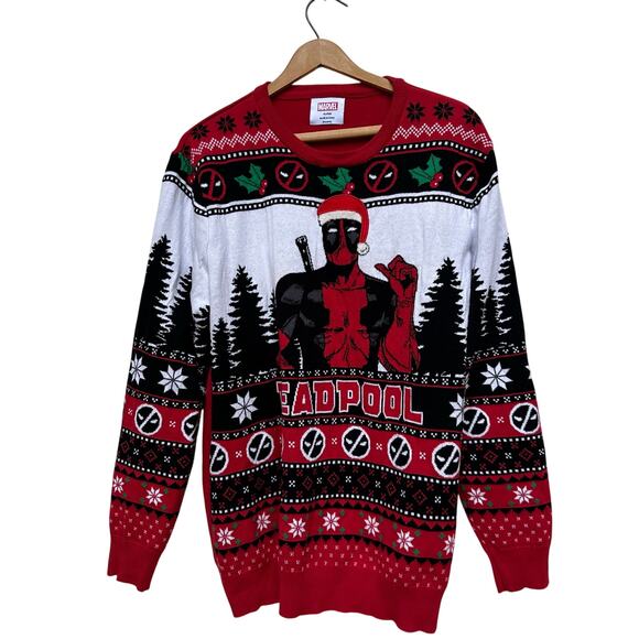Marvel Deadpool Christmas Ugly Sweater Unisex XL Red Black Knit - Picture 1 of 7